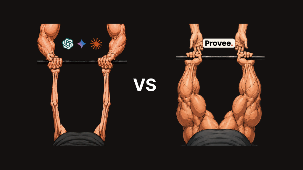 바벨을 대신 들어주는 AI 아래 마른 팔과, 직접 드는 Provee 아래 단단한 팔의 대비